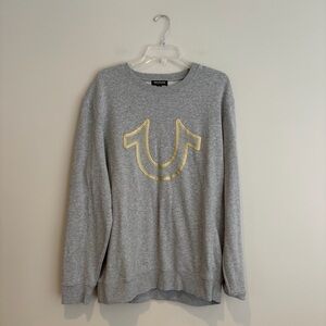 True Religion 2XL Heather Gray Crewneck Sweatshirt Gold Horseshoe Logo Pullover